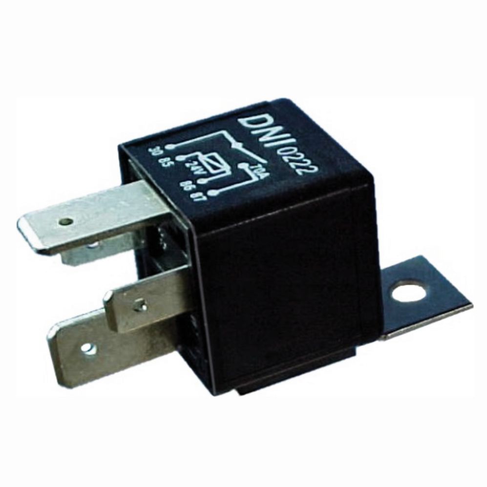 RELÉ AUXILIAR UNIVERSAL DE USO GERAL 4 TERMINAIS, COM SUPORTE, 24, 70 AMPERES, 2 TERMINAIS LARGOS CAMINHÕES E ÔNIBUS - DNI0222 DNI