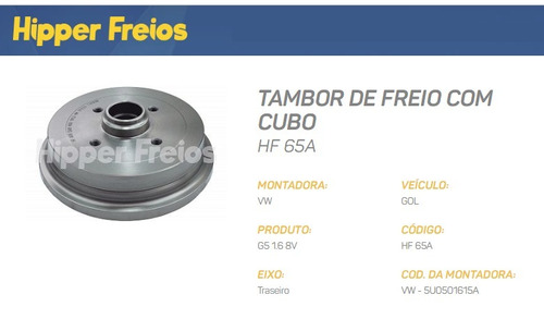 TAMBOR FREIO TRAS GOL G5 1.6 8V 08> VW