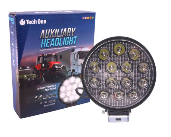 FAROL AUXILIAR LED BIVOLT 6000K 42W 14 LEDS REDONDO - TECH1840 TECHONE