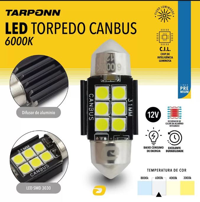 LAMPADA LED TORPEDO CANBUS PREMIUM 31MM 12V 6000K - TP5060 TARPONN