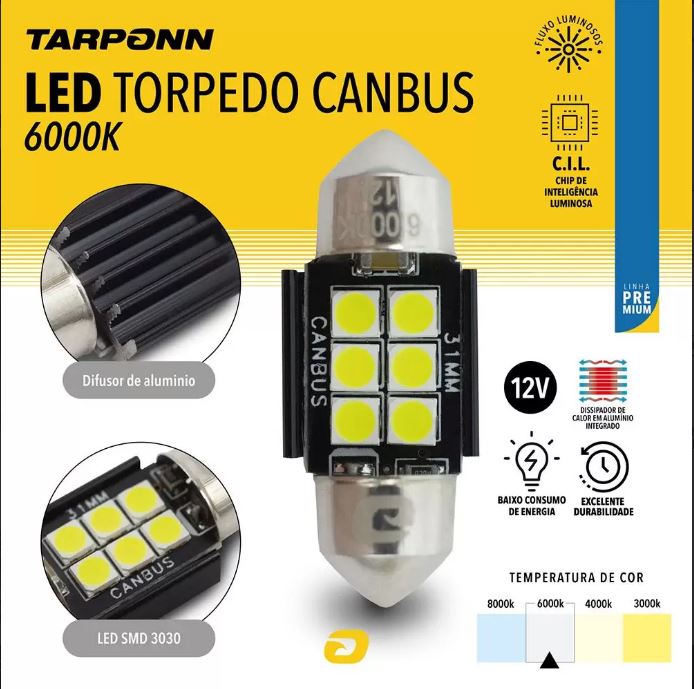 LAMPADA TORPEDO LED 12V 6000K 36MM - TP5061 TARPONN