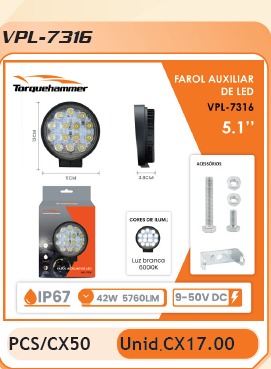 FAROL AUXILIAR REDONDO FOCO LED 12V 6000K - VPL7316 TORQUEHAMMER