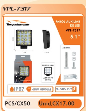 FAROL AUXILIAR QUADRADO LED 12V 6000K 16 LEDS - VPL7317 TORQUEHAMMER