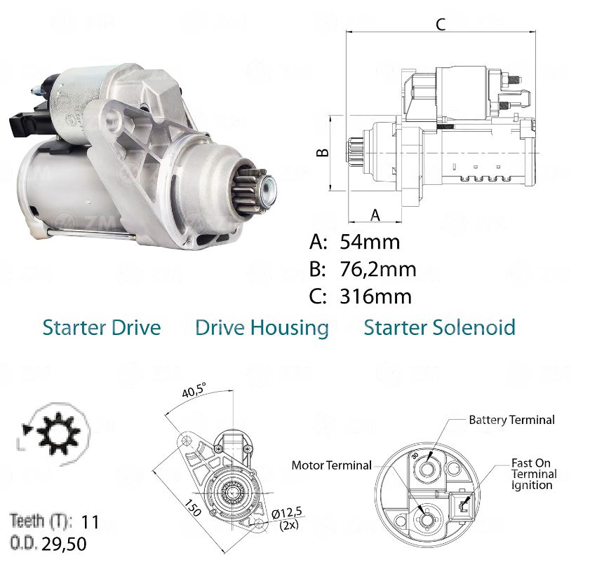 MOTOR PARTIDA 12V 11 DENTES VOLKSWAGEN GOL, POLO, FOX - ZM8021101