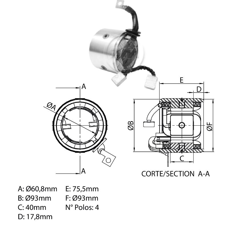 BOBINA COM CARCAÇA 12V MOTOR PARTIDA M100R 4,0 KW - ZM8981700